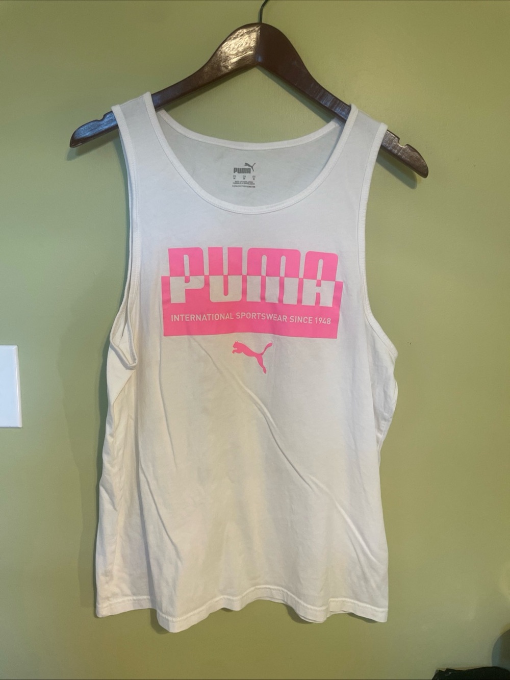 Puma White Tank with Hot Pink Logo Block Graphic